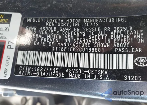 2012 Toyota Camry Se from USA, damaged, VIN 4T1BF1FK2CU188681